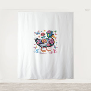 Colorful Fantasy Duck with Flowers and Butterflies Tapestry