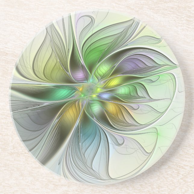 Colorful Fantasy Flower Modern Abstract Fractal Coaster (Front)