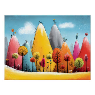 colorful fantasy landscape - mountains and trees poster