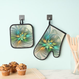Colorful Fantasy Modern Abstract Flower Fractal Oven Mitt & Pot Holder Set