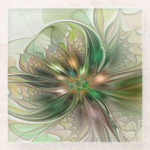 Colorful Fantasy Modern Abstract Fractal Flower Glass Coaster