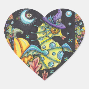 COLORFUL FANTASY SEAHORSE, WITCH IN HALLOWEEN SEA HEART STICKER