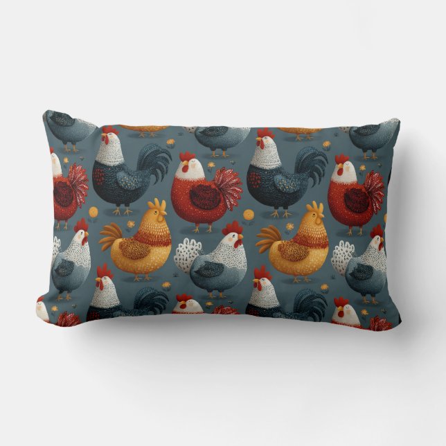 Colorful Farm Rooster And Hens Lumbar Cushion (Front)