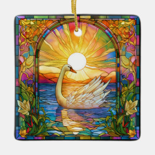 Colorful Faux Stained Glass Swan in the Sunset Ceramic Ornament