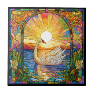 Colorful Faux Stained Glass Swan in the Sunset Ceramic Tile