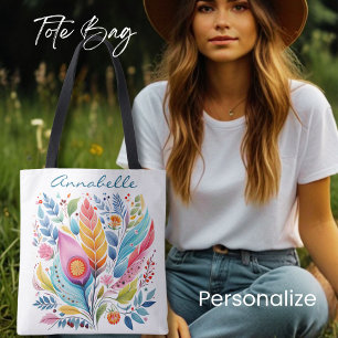 Colorful Feather Floral Tote Bag, Boho Style,