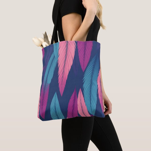 Colorful Feather Pattern Tote Bag with Black Strap (Close Up)