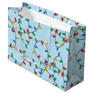 Colorful Festive Christmas Lights Pattern Blue Large Gift Bag