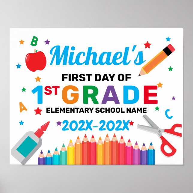 Colorful First Day of School Sign Label (Front)