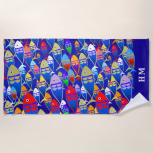 Colorful  Fish Art Deco Custom Text Monogram Beach Towel