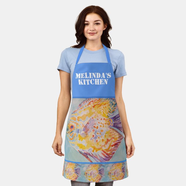 Colorful Fish Watercolor Blue Womans Kitchen Apron (Worn)