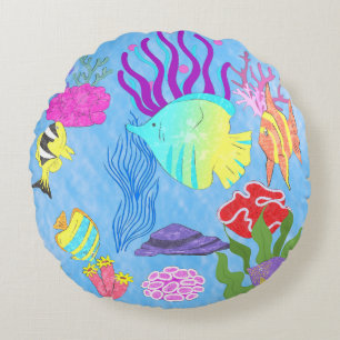Colorful Fishes And Corals Round Cushion