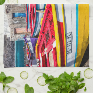 Colorful Fishing Boats, Cape Verde Tea Towel