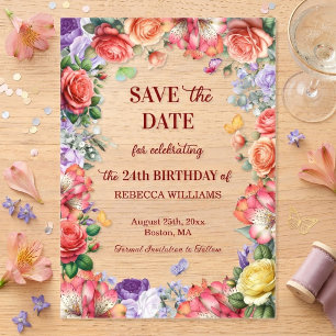 Colorful Floral 24th Birthday Party Save the Date Acrylic Invitations