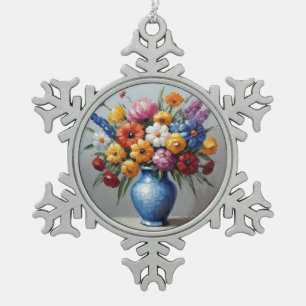 Colorful floral arrangement snowflake pewter christmas ornament