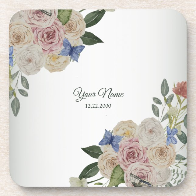 Colorful Floral Blue Butterfly Green Wedding Party Coaster (Front)