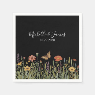 Colorful Floral Boho Wildflower Wedding Black Napkin
