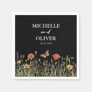 Colorful Floral Boho Wildflower Wedding Black      Napkin