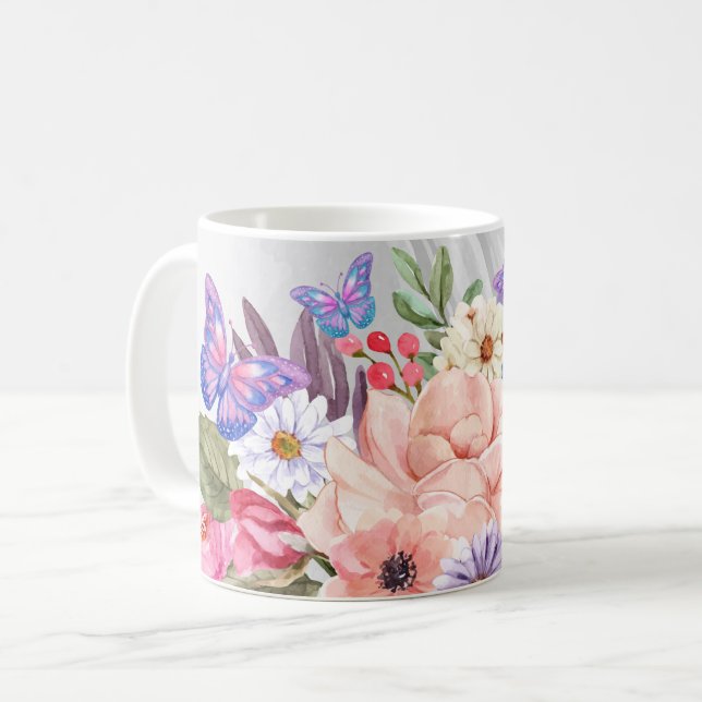Colorful Floral Bouquet With Butterflies  Coffee Mug (Front Left)