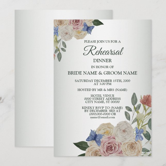 Colorful Floral Butterfly Wedding Rehearsal Dinner Invitation (Front/Back)