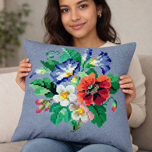 Colorful Floral Cross Stitch Style Throw Pillow
