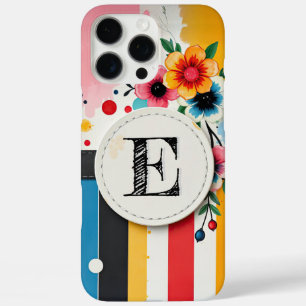 Colorful Floral Design Circle Frame Chic Monogram iPhone 16 Pro Max Case