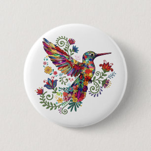Colorful Floral Hummingbird Watercolor Art  6 Cm Round Badge