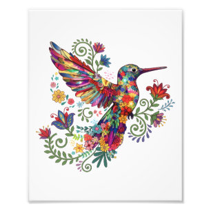 Colorful Floral Hummingbird Watercolor Art Photo Print