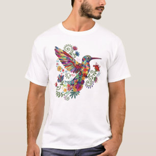 Colorful Floral Hummingbird Watercolor Art T-Shirt