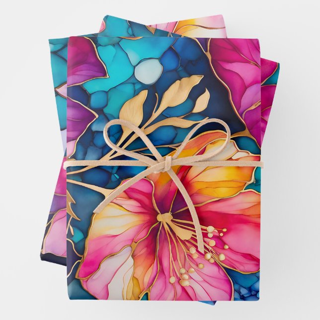 Colorful Floral Ink Art Wrapping Paper Sheets (In situ)