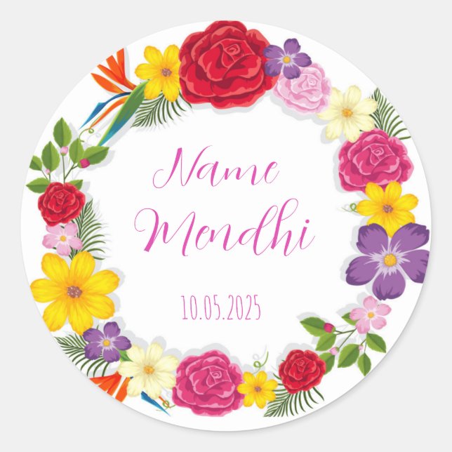 Colorful floral Mendhi favor stickers  (Front)