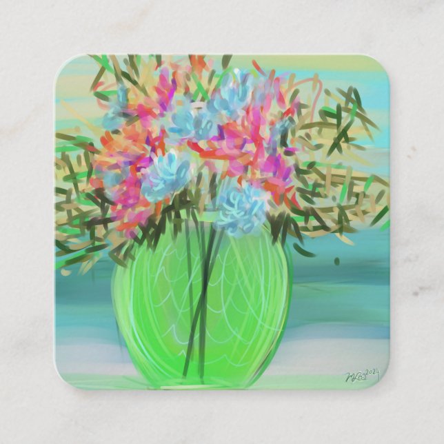 Colorful Floral Painterly Green Vase Square Business Card (Front)