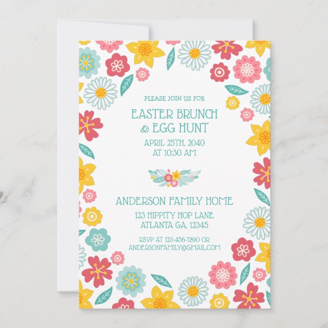 Colorful Floral Pattern Easter Brunch Hunt Invitation (Front)