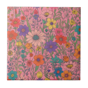 Colorful floral pattern on pink ceramic tile