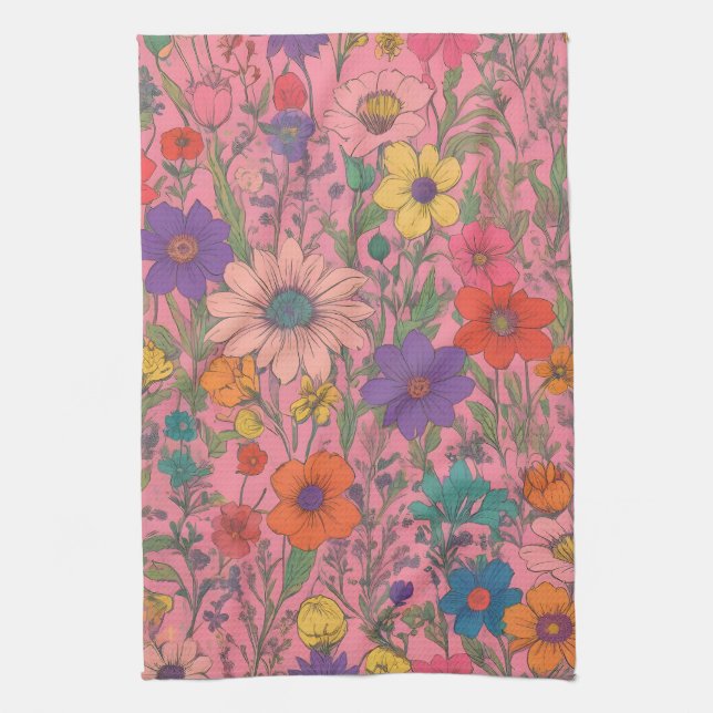 Colorful floral pattern on pink tea towel (Vertical)