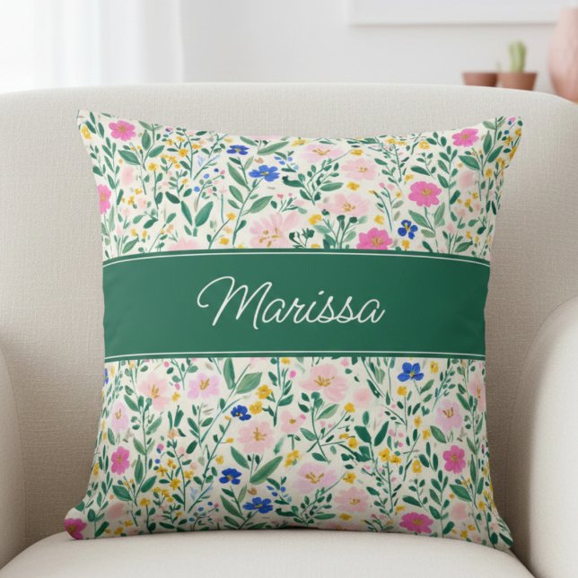 Colorful Floral Personalized Throw Pillow (fun colorful floral garden throw pillow with monogram name in elegant calligraphy script)