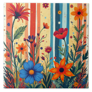 Colorful Floral Stripes Design Ceramic Tile