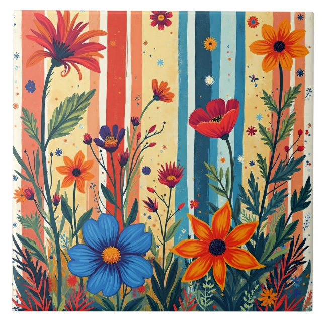 Colorful Floral Stripes Design Ceramic Tile (Front)