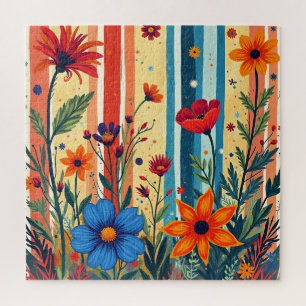 Colorful Floral Stripes Rainbow Design Jigsaw Puzzle