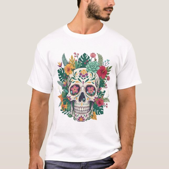 Colorful Floral Sugar Skull Illustration T-Shirt (Front)