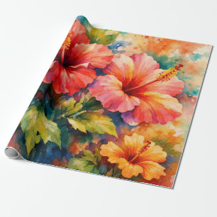 Colorful Floral Watercolor Style Hibiscus Art Wrapping Paper