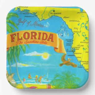 Colorful Florida Postcard Map Paper Plate