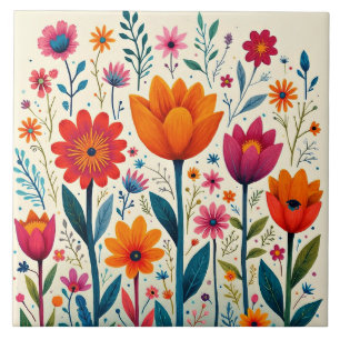 Colorful Flower Art Illustration, Ceramic Tile