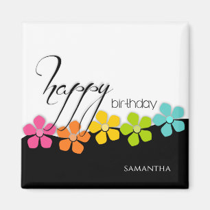 Colorful Flower Black & White Birthday Calligraphy Magnet
