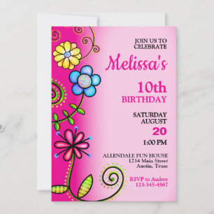 Colorful Flower Doodles Birthday Party Invitation