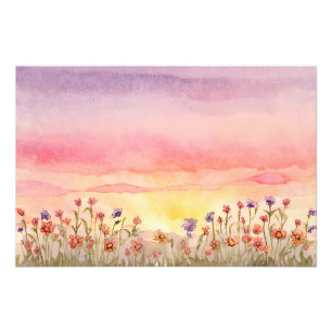 Colorful Flower field sunset Painting watercolor Photo Print