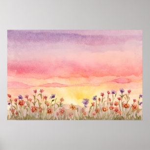 Colorful Flower field sunset Painting watercolor Poster
