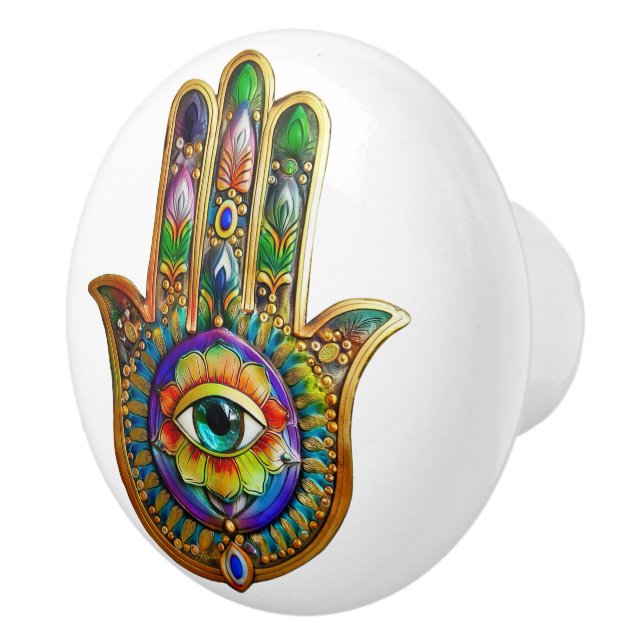 Colorful Flower Petals Turquoise Third Eye Hamsa Ceramic Knob (Right)