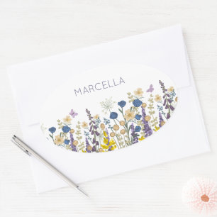 Colorful Flowers and Butterflies Custom Name Oval Sticker