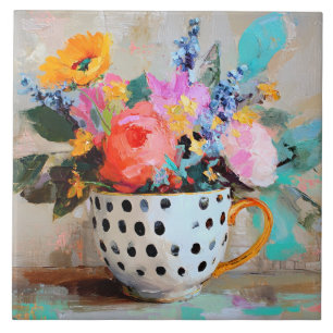 Colorful Flowers in Polka Dot Teacup Ceramic Tile